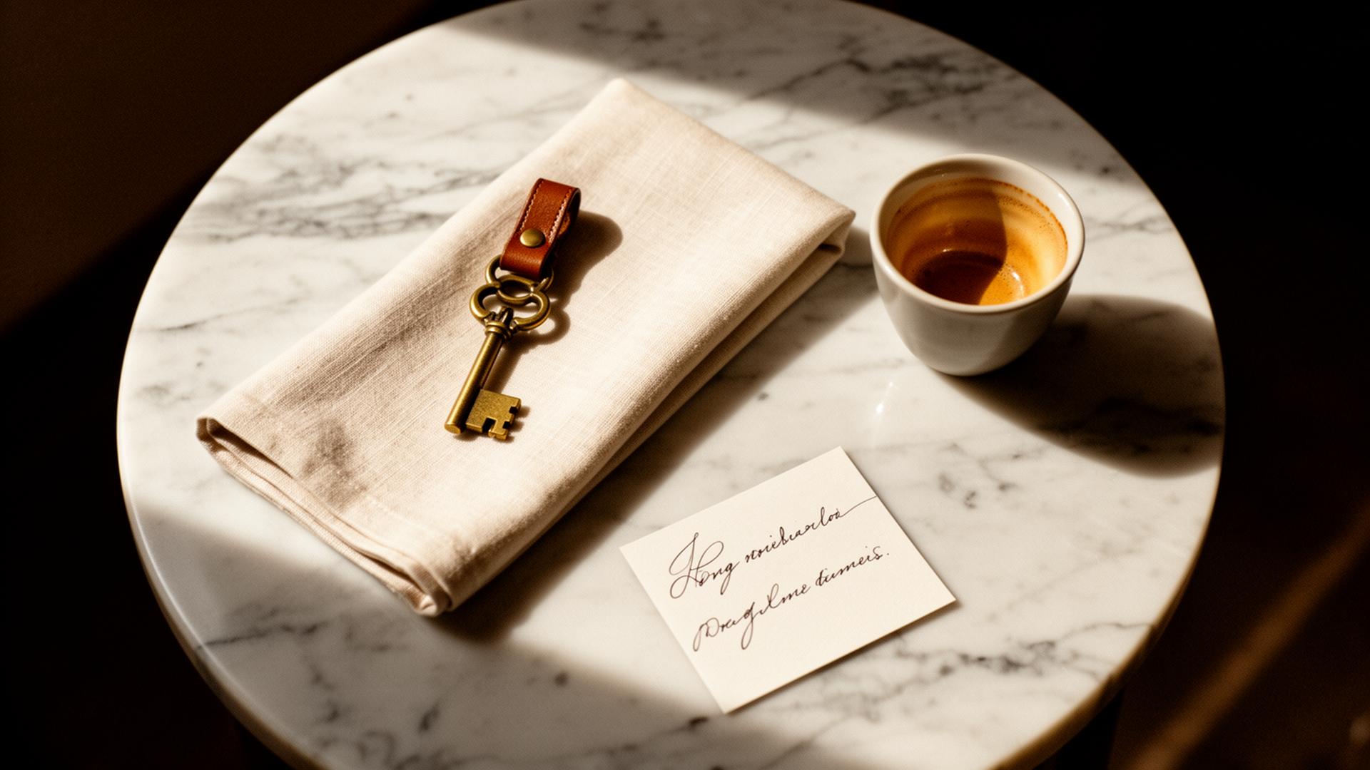 A brass key, linen napkin and handwritten note on marble
